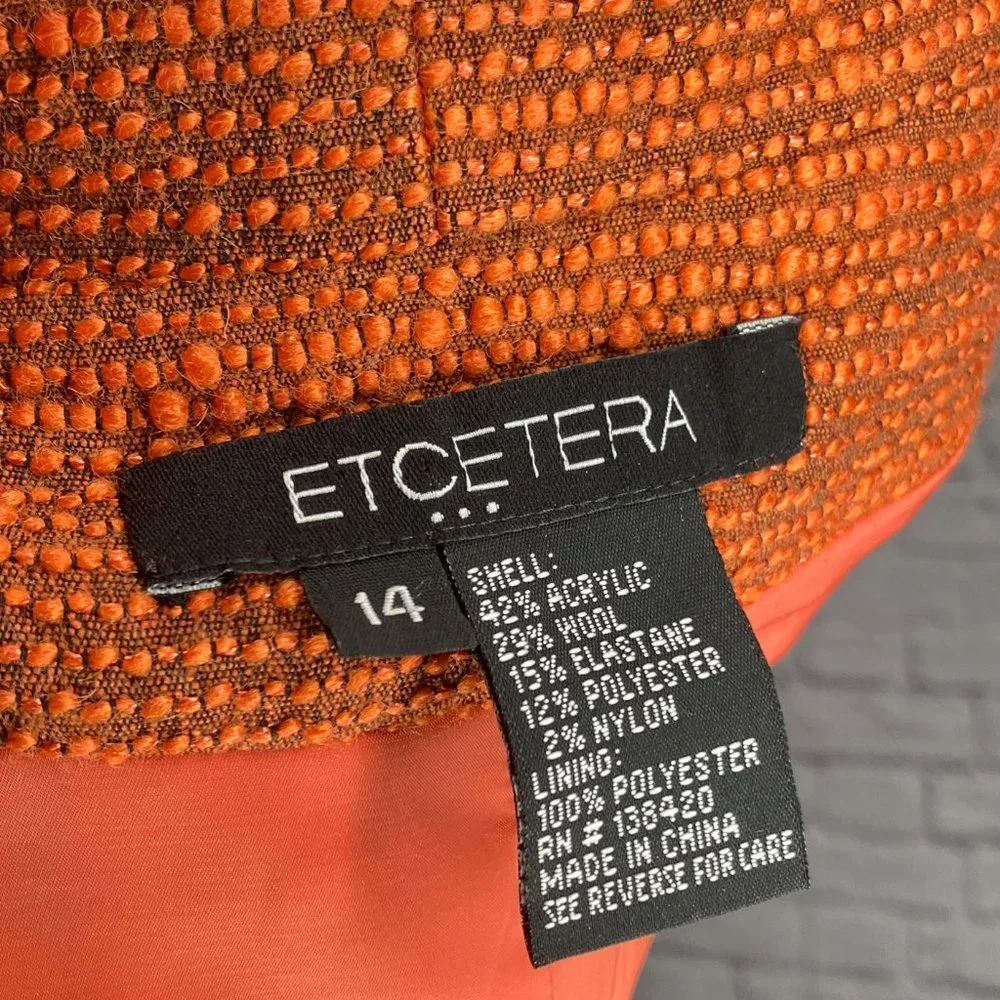 Etcetera Size 14 Orange Tweed Wool Blend Designer Tailored Notch Blazer‎ Jacket